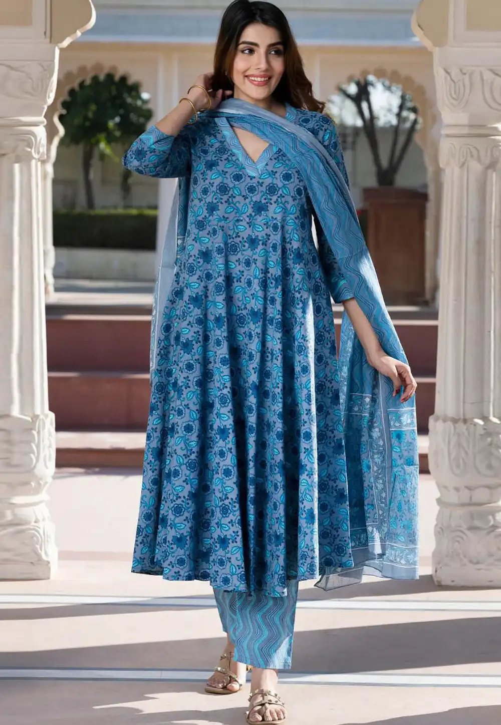 Blue Cotton Readymade Anarkali Suit 315962