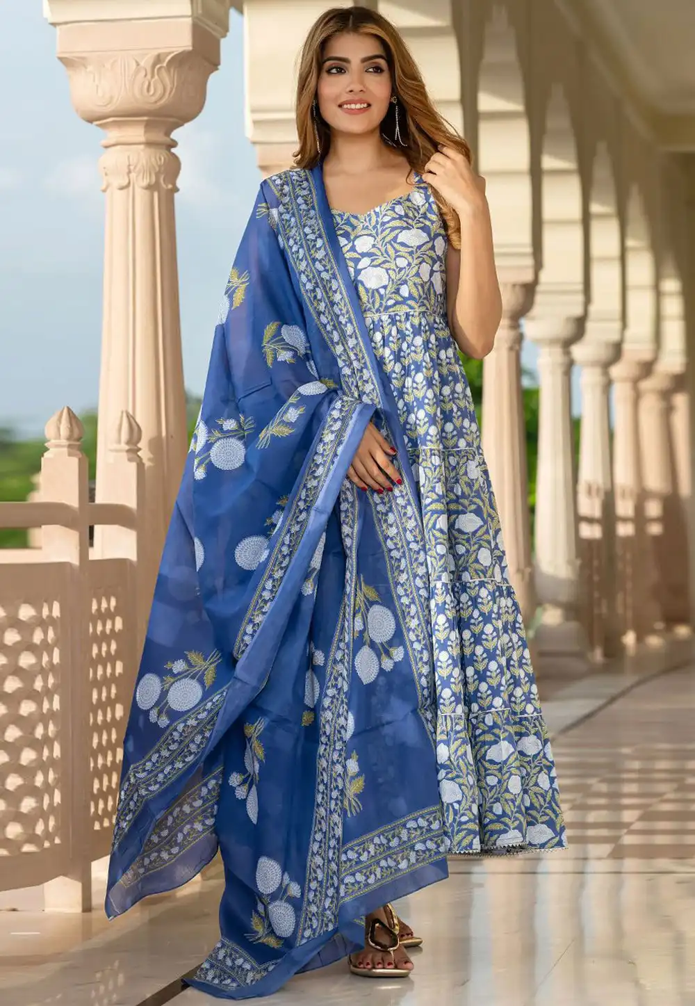 Blue Cotton Readymade Anarkali Suit 315976