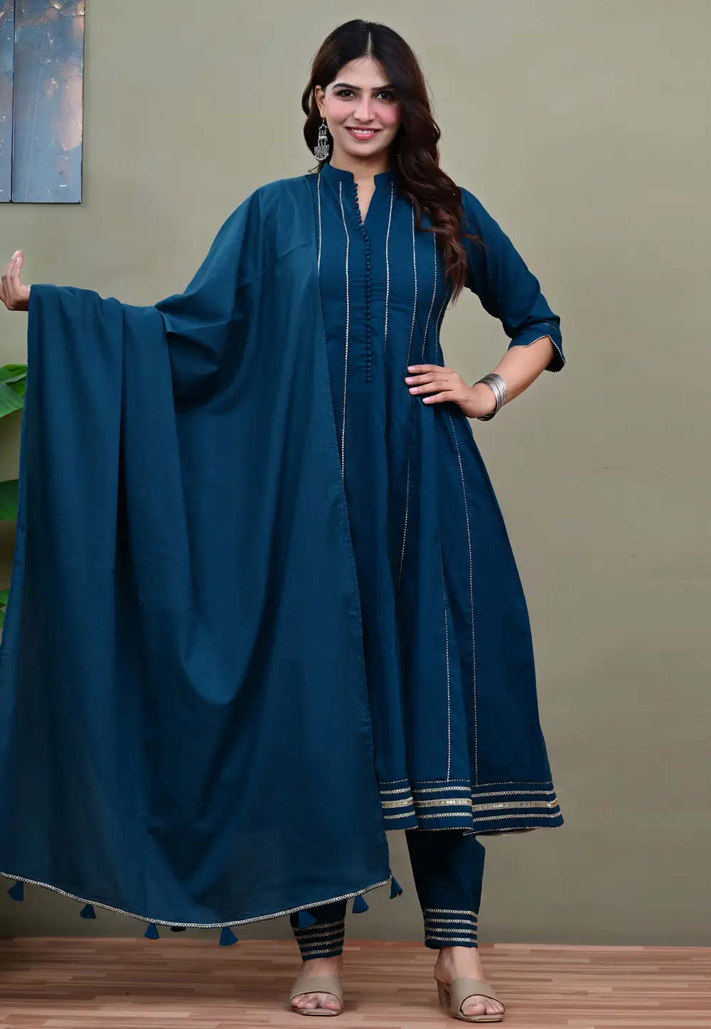 Blue Cotton Readymade Anarkali Suit 335821