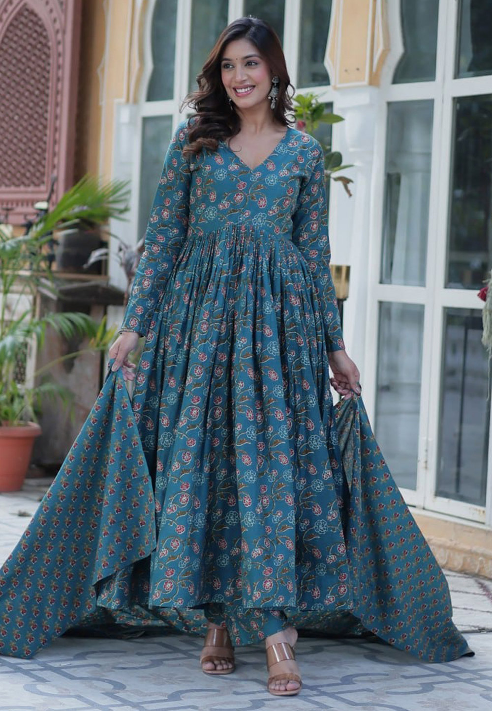 Blue Cotton Readymade Long Anarkali Suit 308844