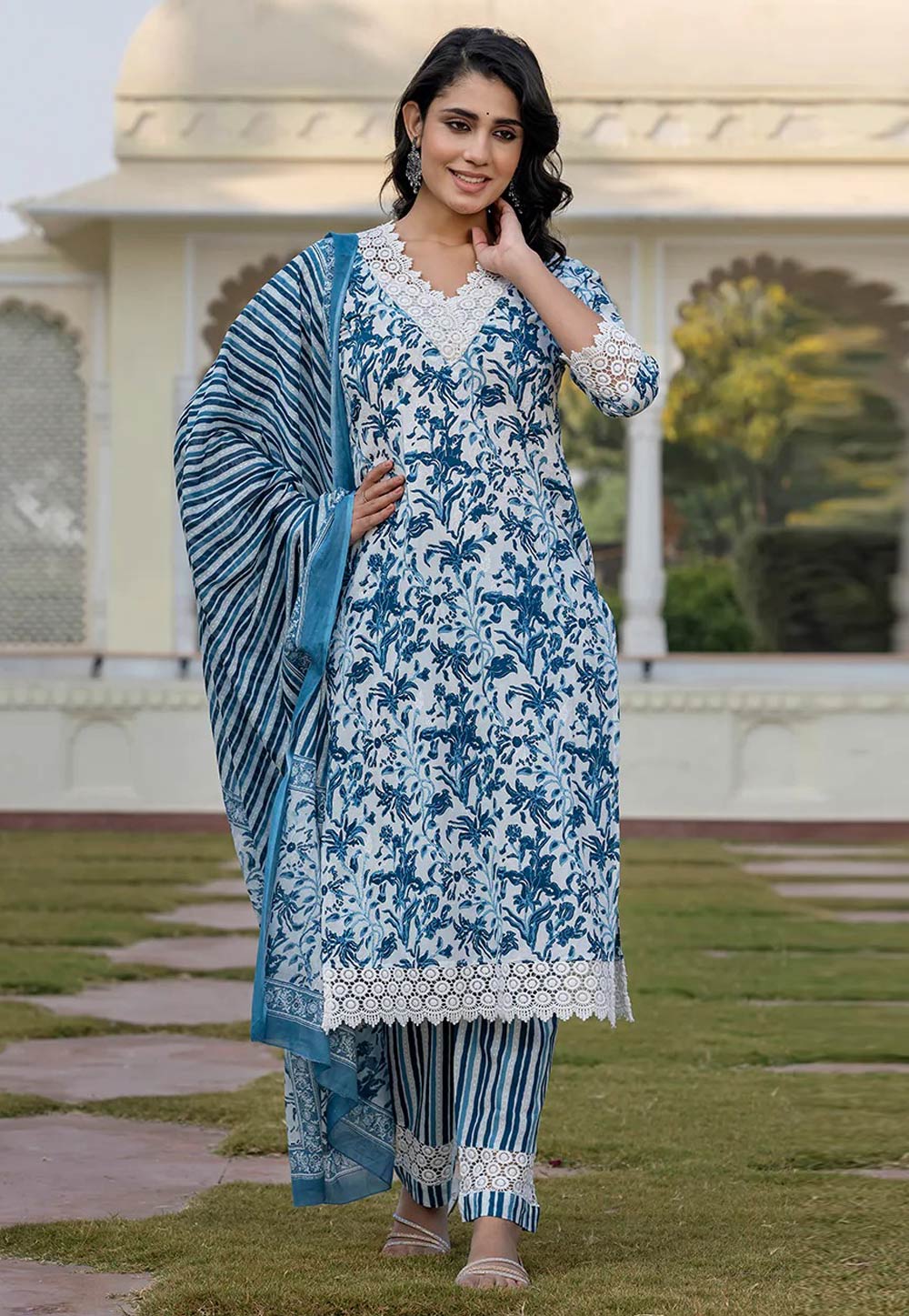 Blue Cotton Readymade Pakistani Suit 308059