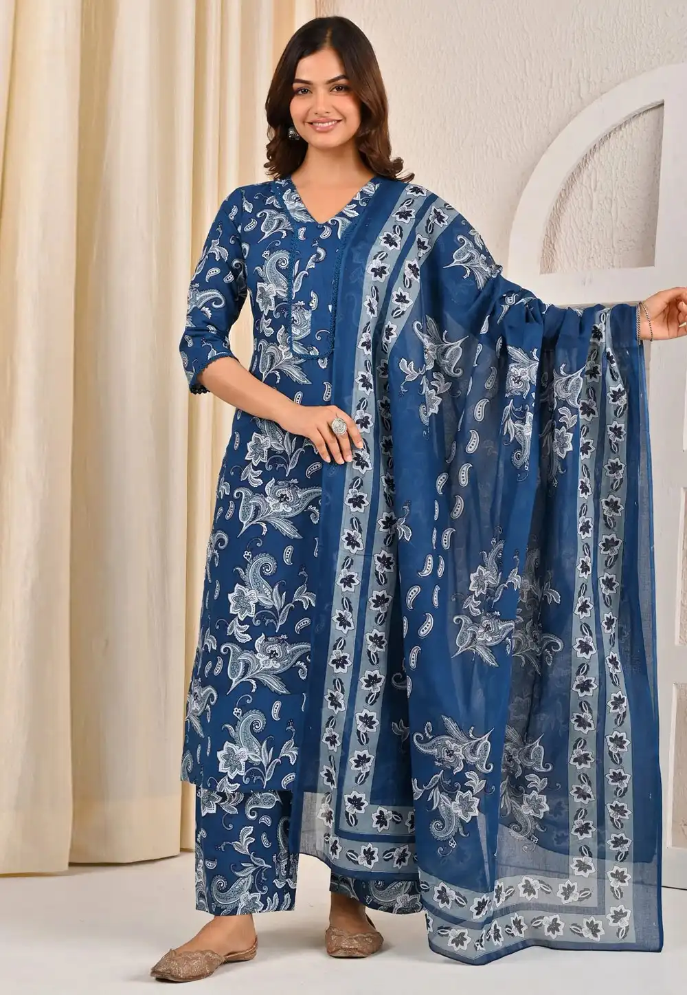 Blue Cotton Readymade Pakistani Suit 314843