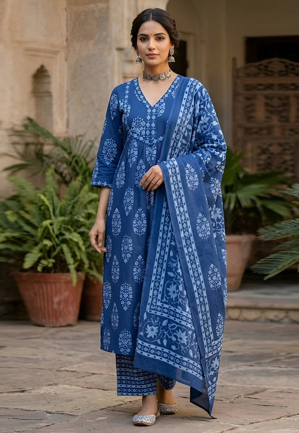 Blue Cotton Readymade Pakistani Suit 326795