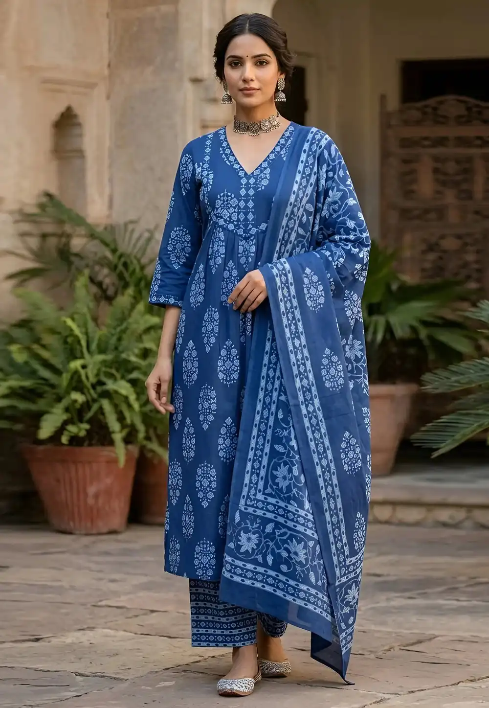 Blue Cotton Readymade Pakistani Suit 326795