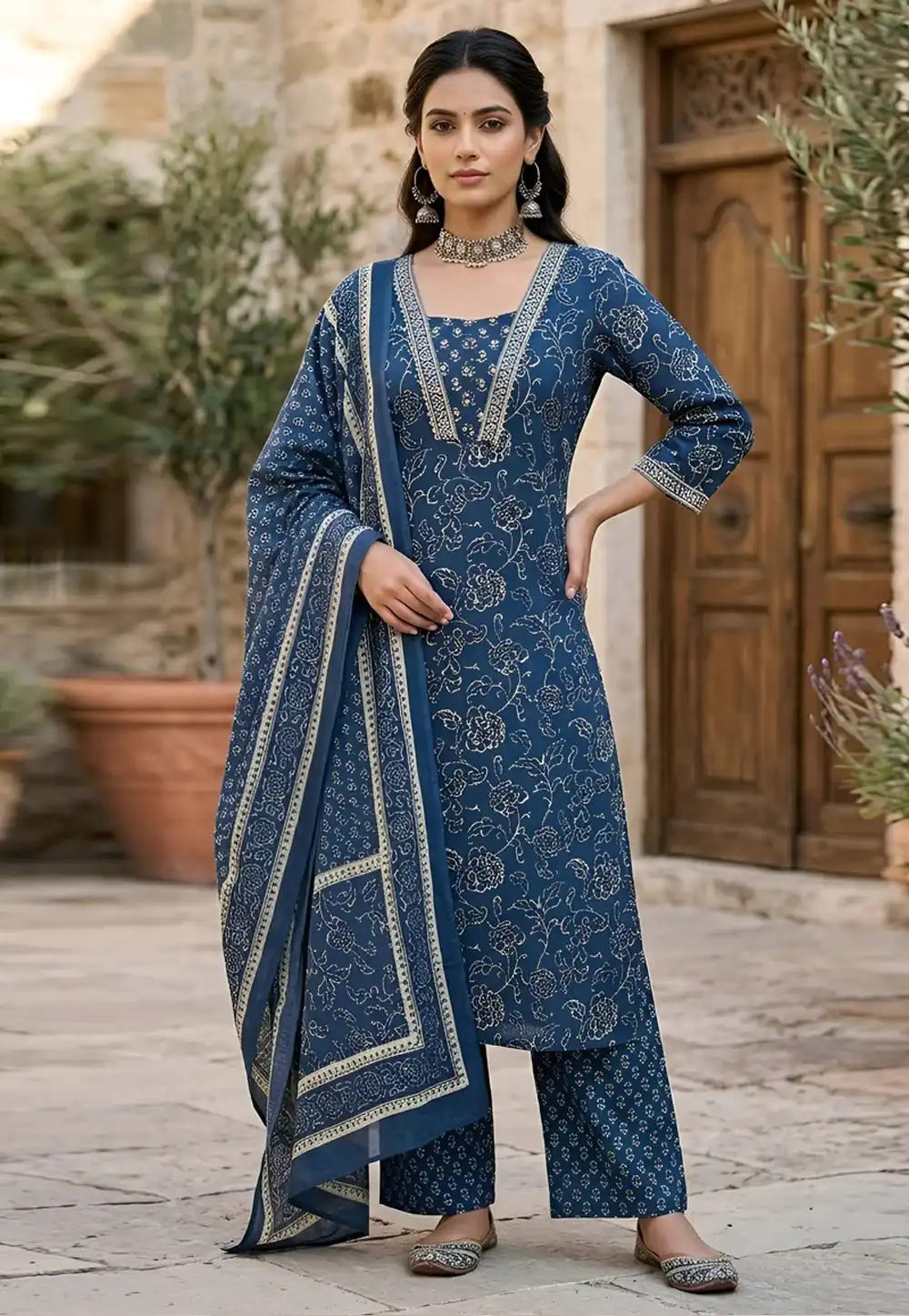 Blue Cotton Readymade Pakistani Suit 326797