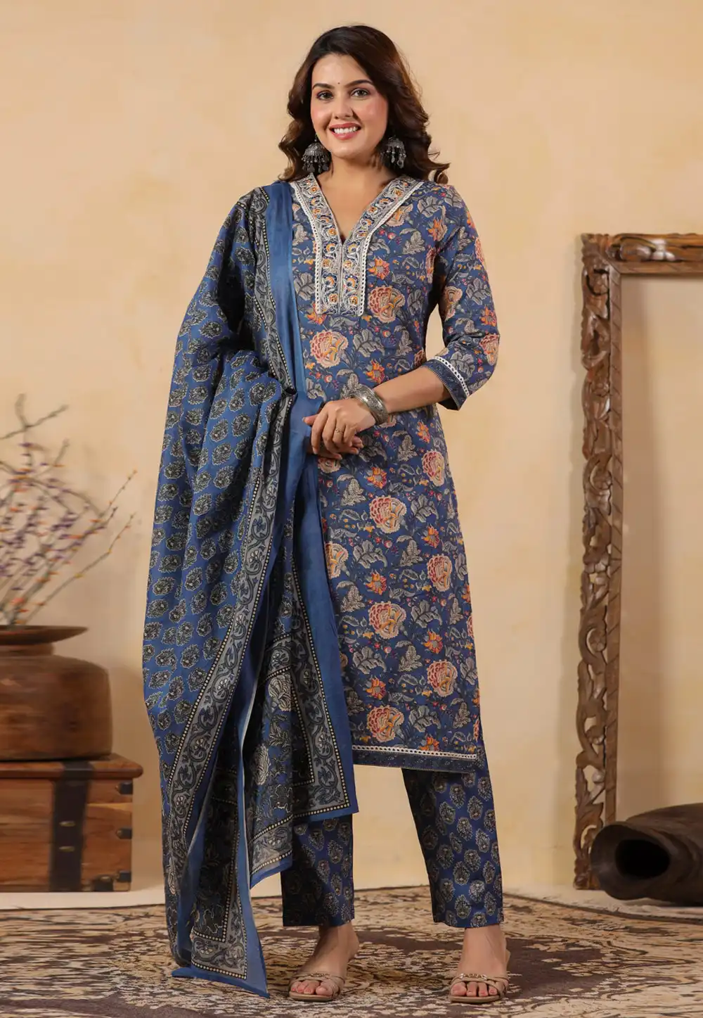 Blue Cotton Readymade Pakistani Suit 323773