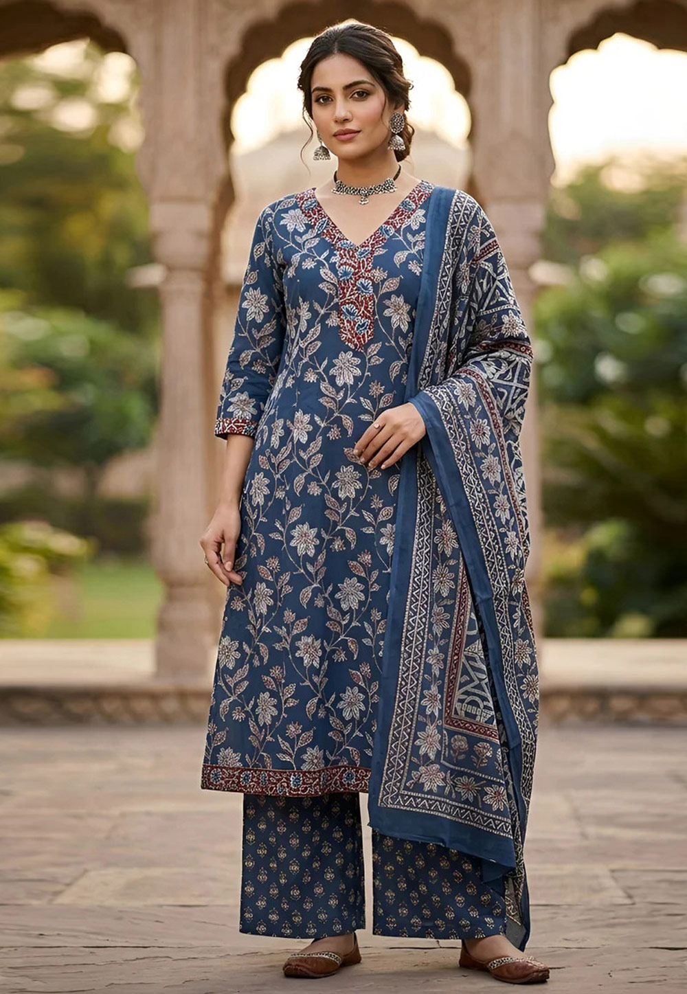 Blue Cotton Readymade Palazzo Suit 326218