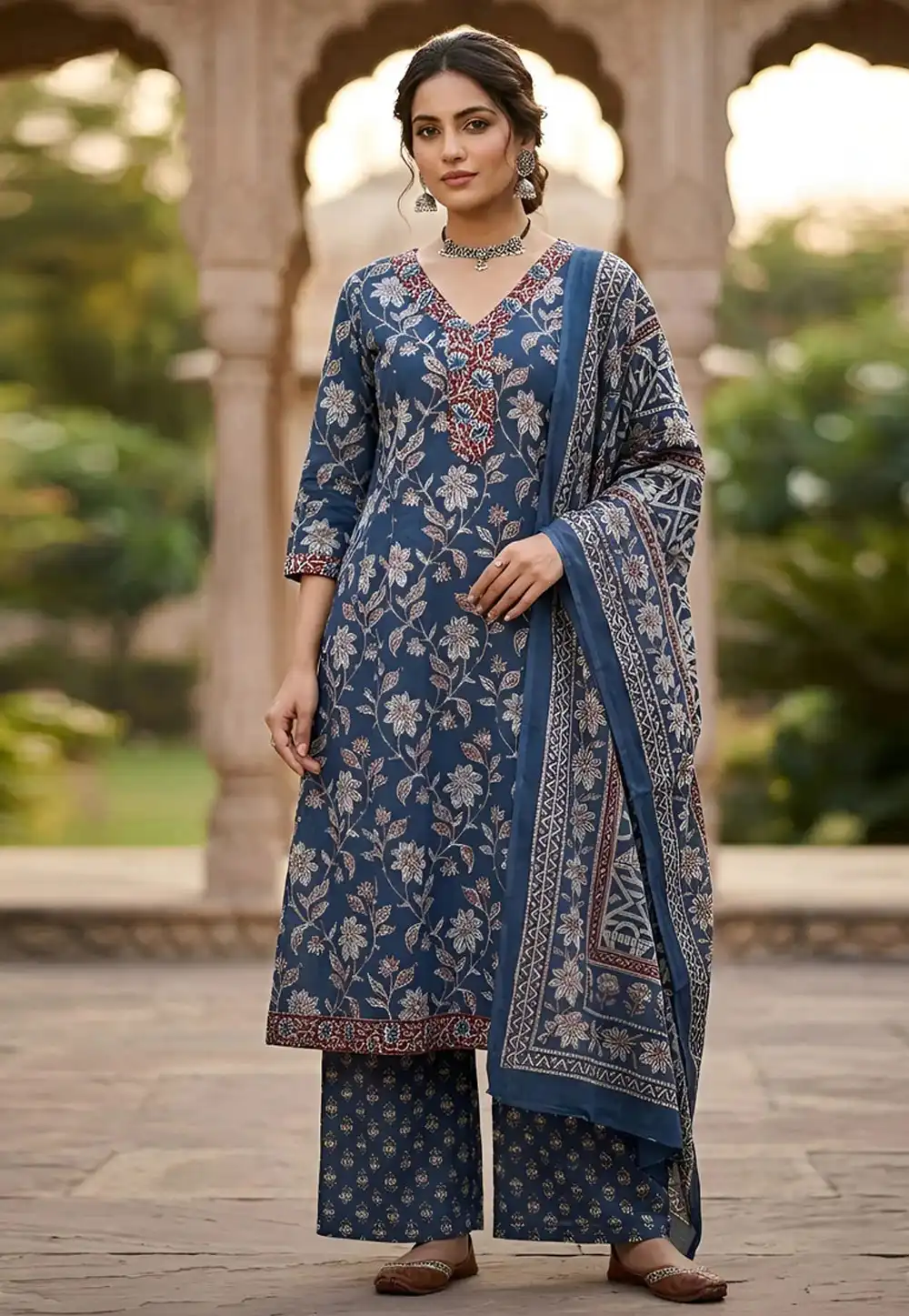 Blue Cotton Readymade Palazzo Suit 326218