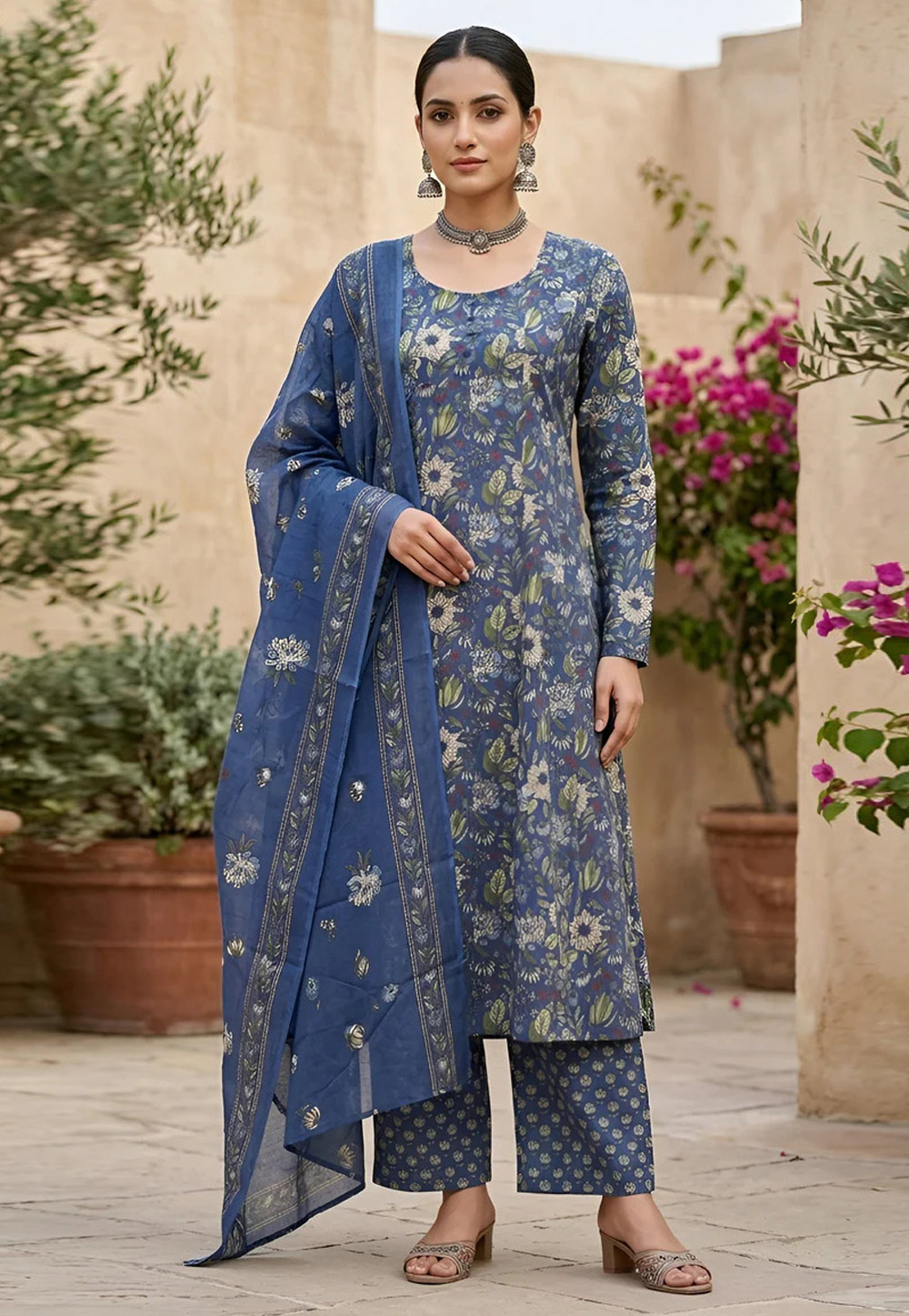 Blue Cotton Readymade Palazzo Suit 326794