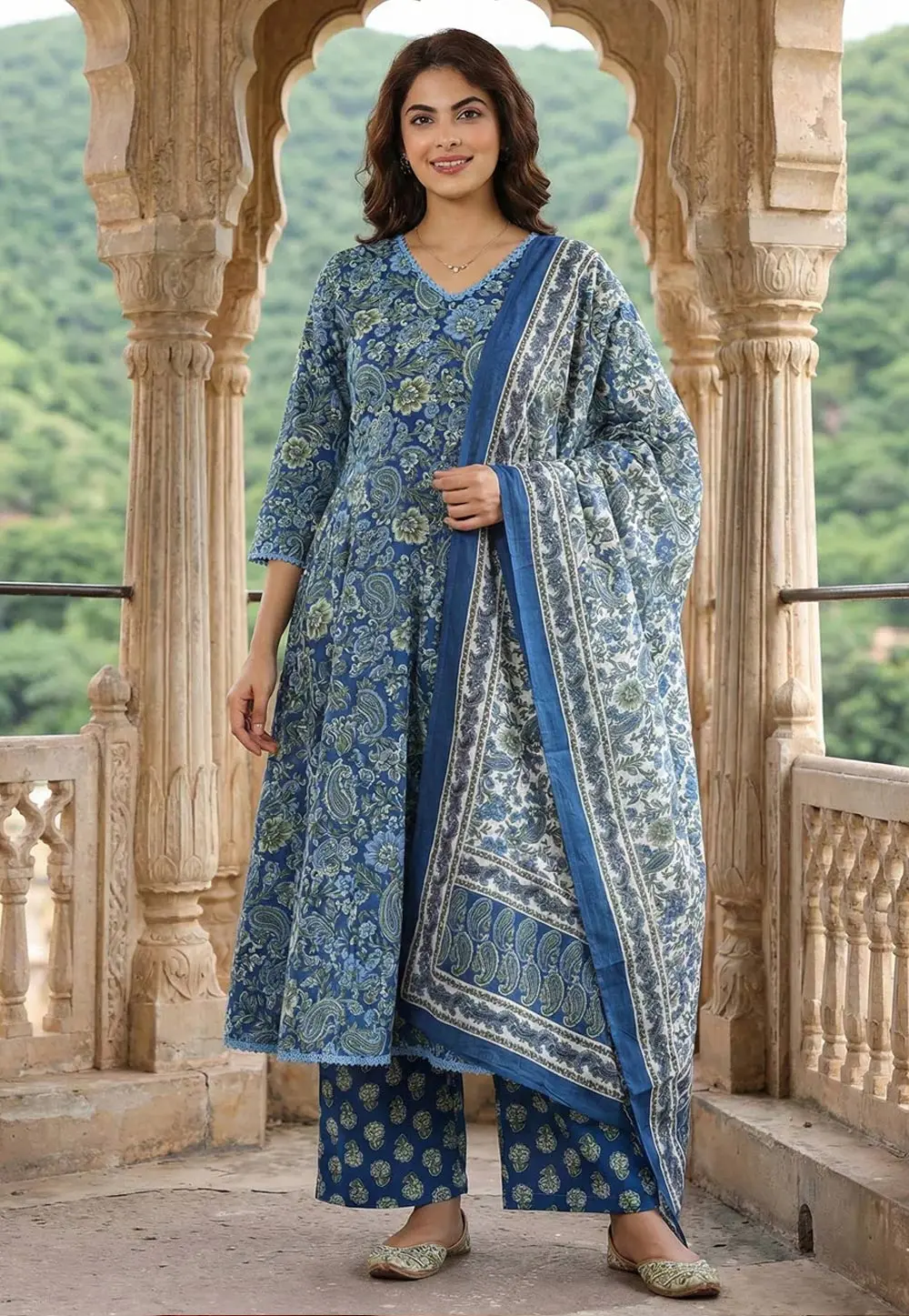 Blue Cotton Readymade Palazzo Suit 331431