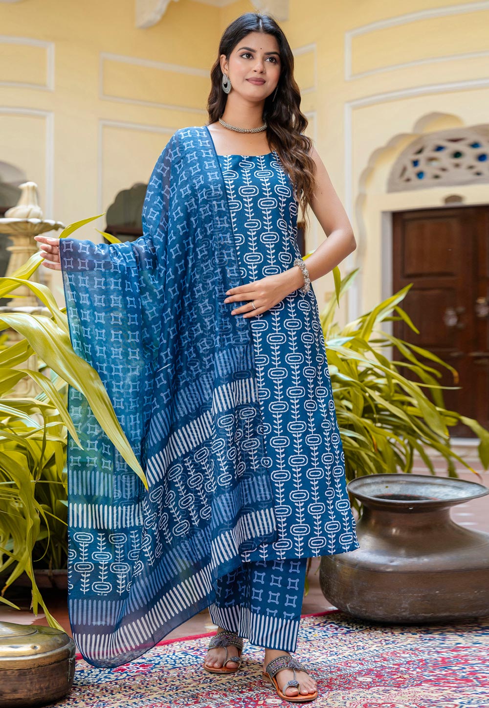 Blue Cotton Readymade Pant Style Suit 326232