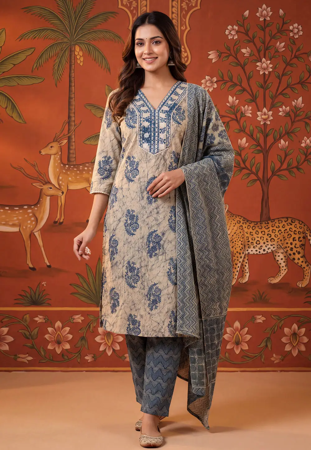 Blue Cotton Readymade Pant Style Suit 336330