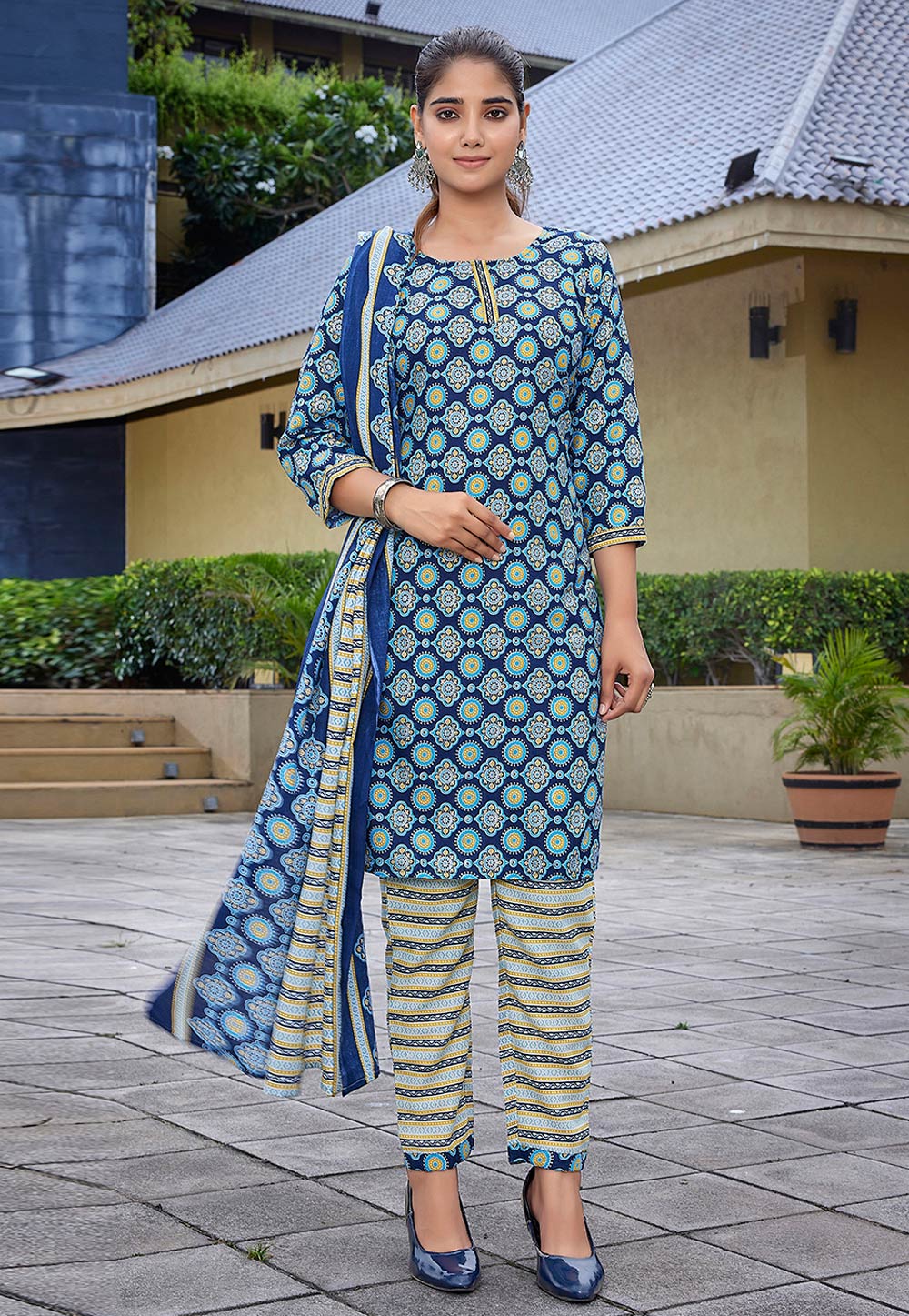 Blue Cotton Readymade Pant Style Suit 308143