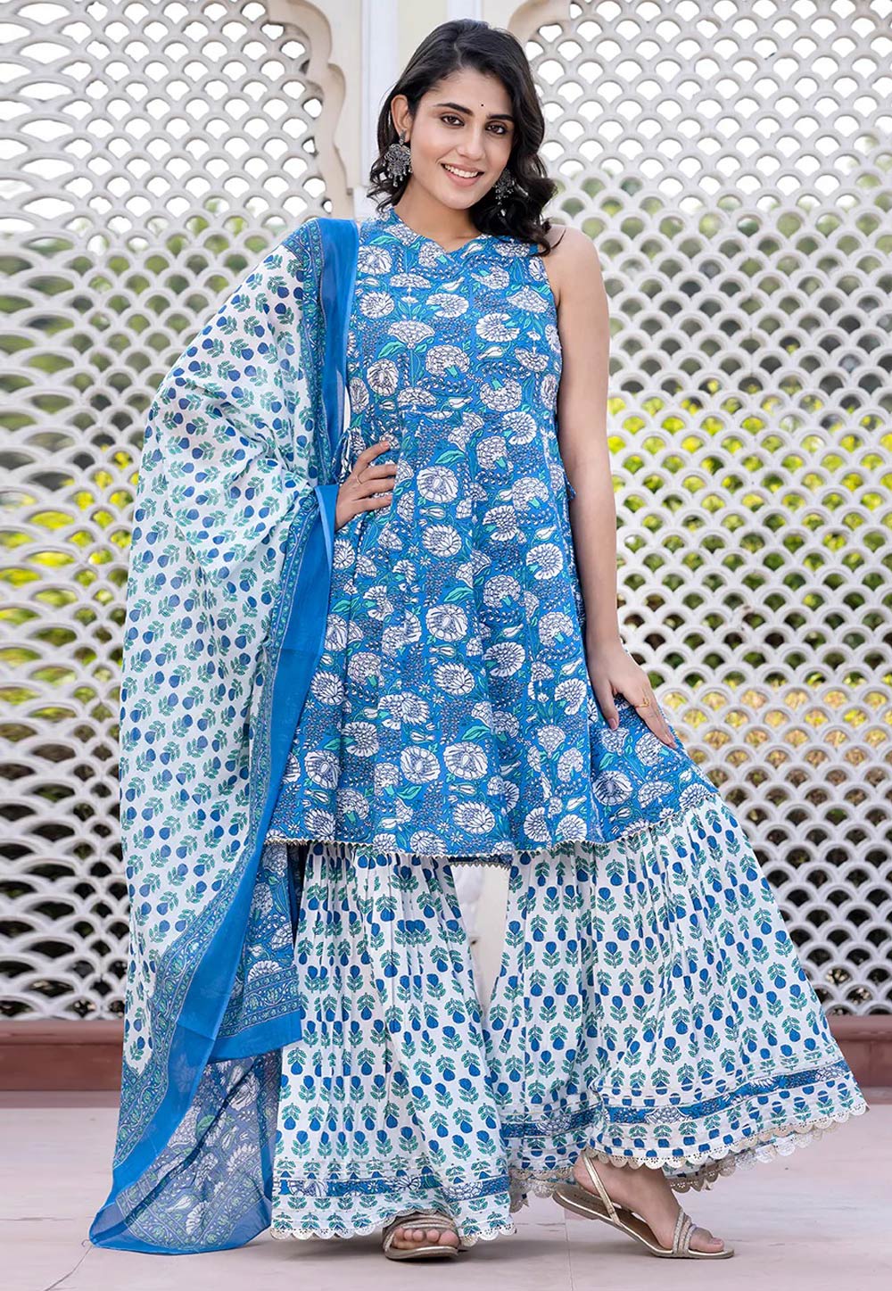 Blue Cotton Readymade Sharara Suit 308054