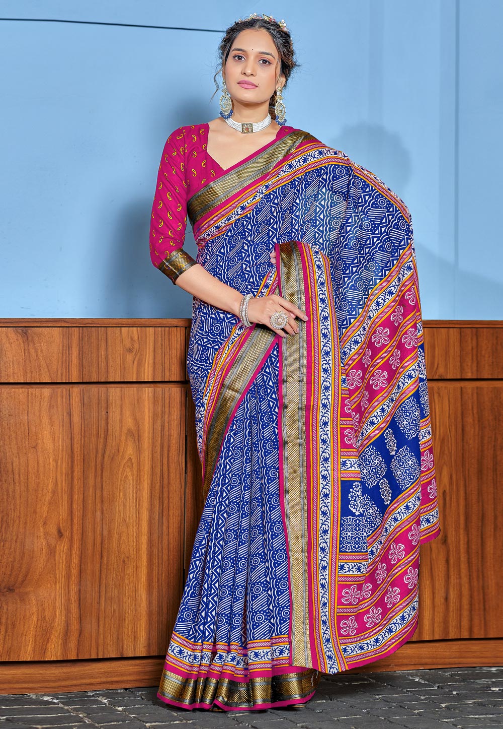 Blue Cotton Saree With Blouse 312169