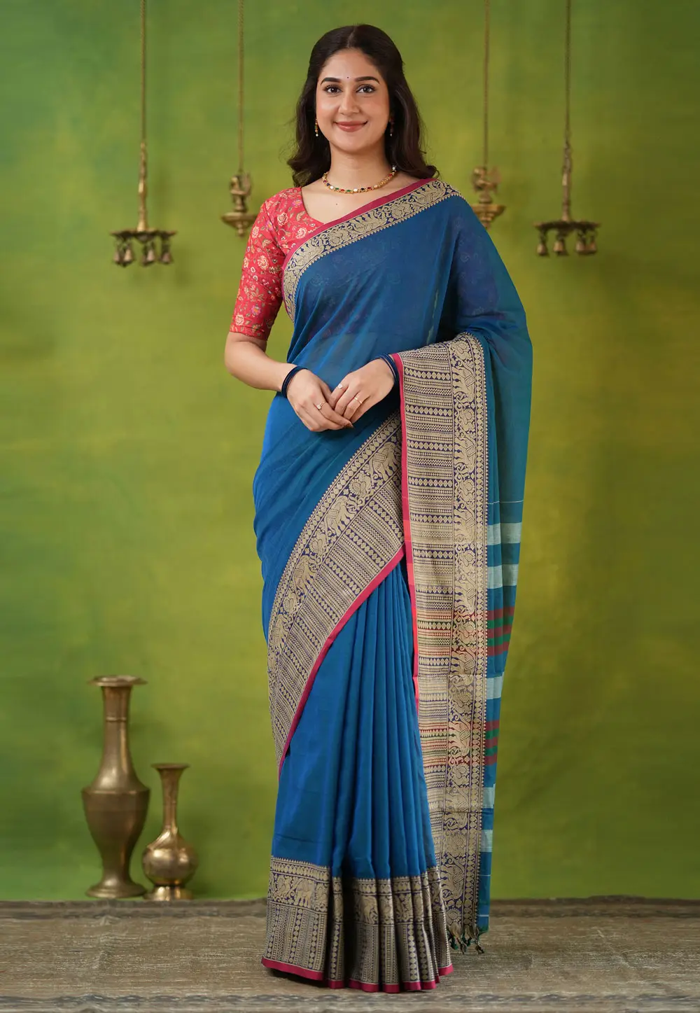 Blue Cotton Saree With Blouse 332738