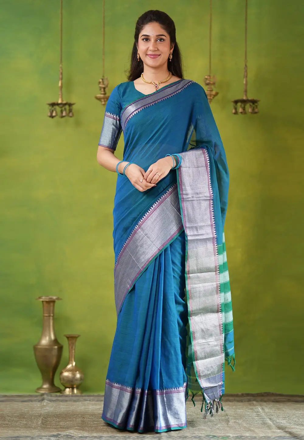 Blue Cotton Saree With Blouse 332744