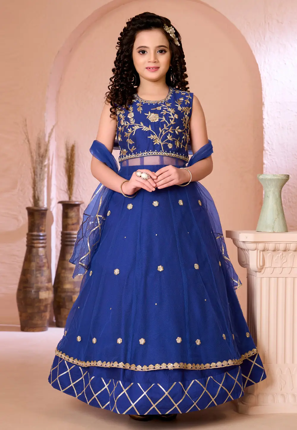 Blue Cotton Silk Kids Lehenga Choli 334328