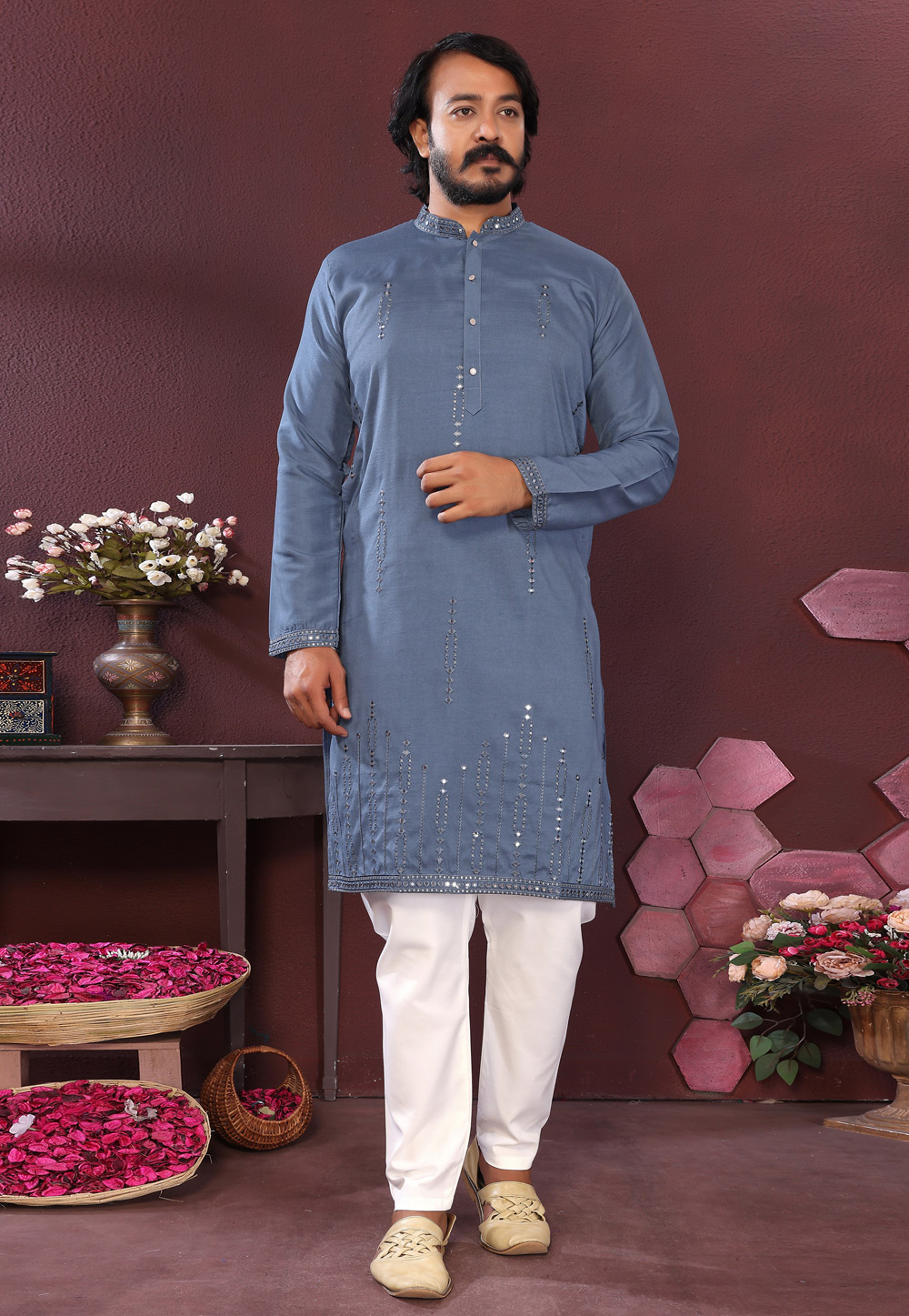 Blue Cotton Silk Kurta Pajama 321016
