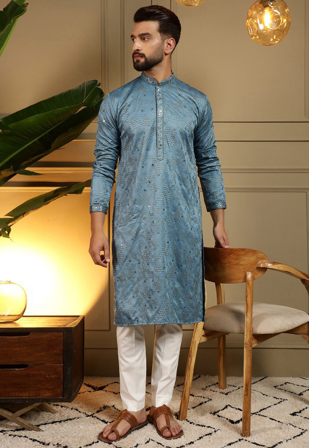 Blue Cotton Silk Kurta Pajama 325856