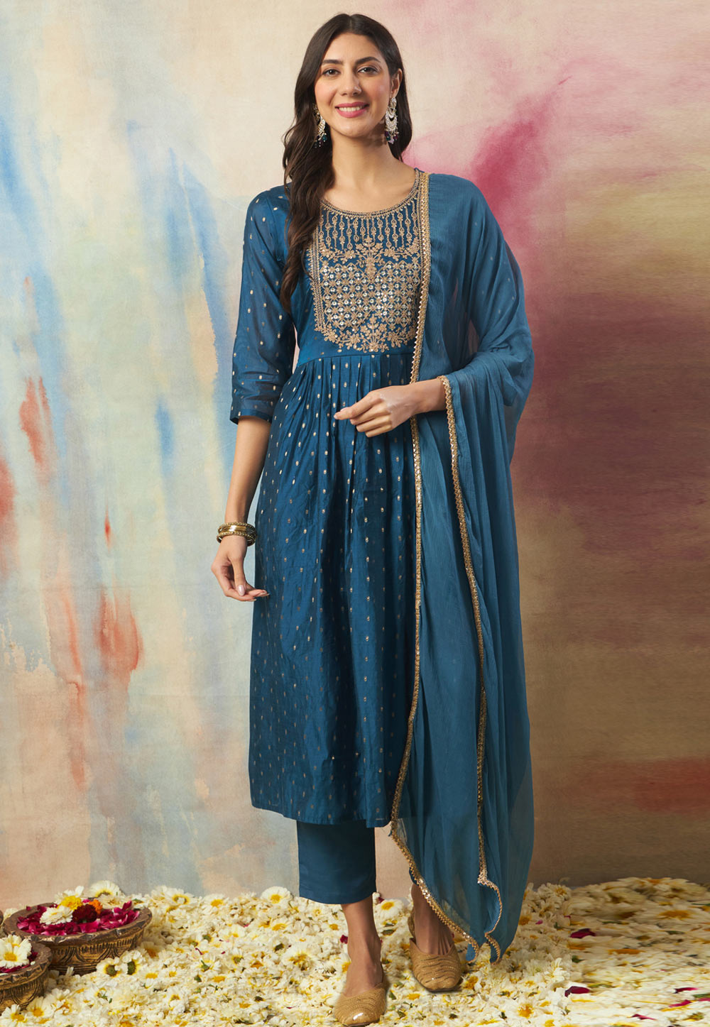 Blue Cotton Silk Readymade Anarkali Suit 324935