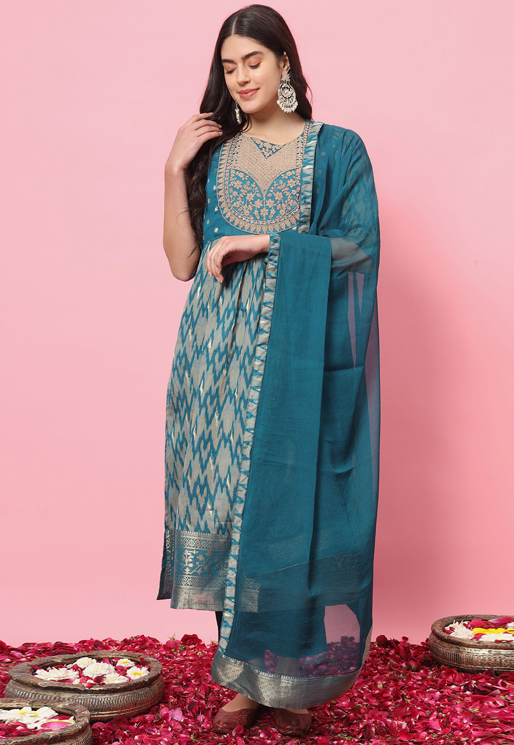 Blue Cotton Silk Readymade Pakistani Suit 310041