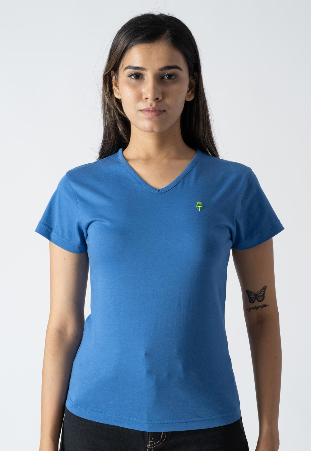 Blue Cotton V Neck T-Shirt 313293