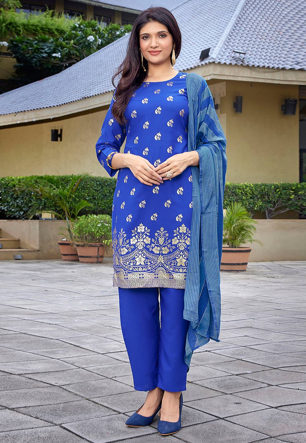 Blue Crepe Readymade Pakistani Suit 308402