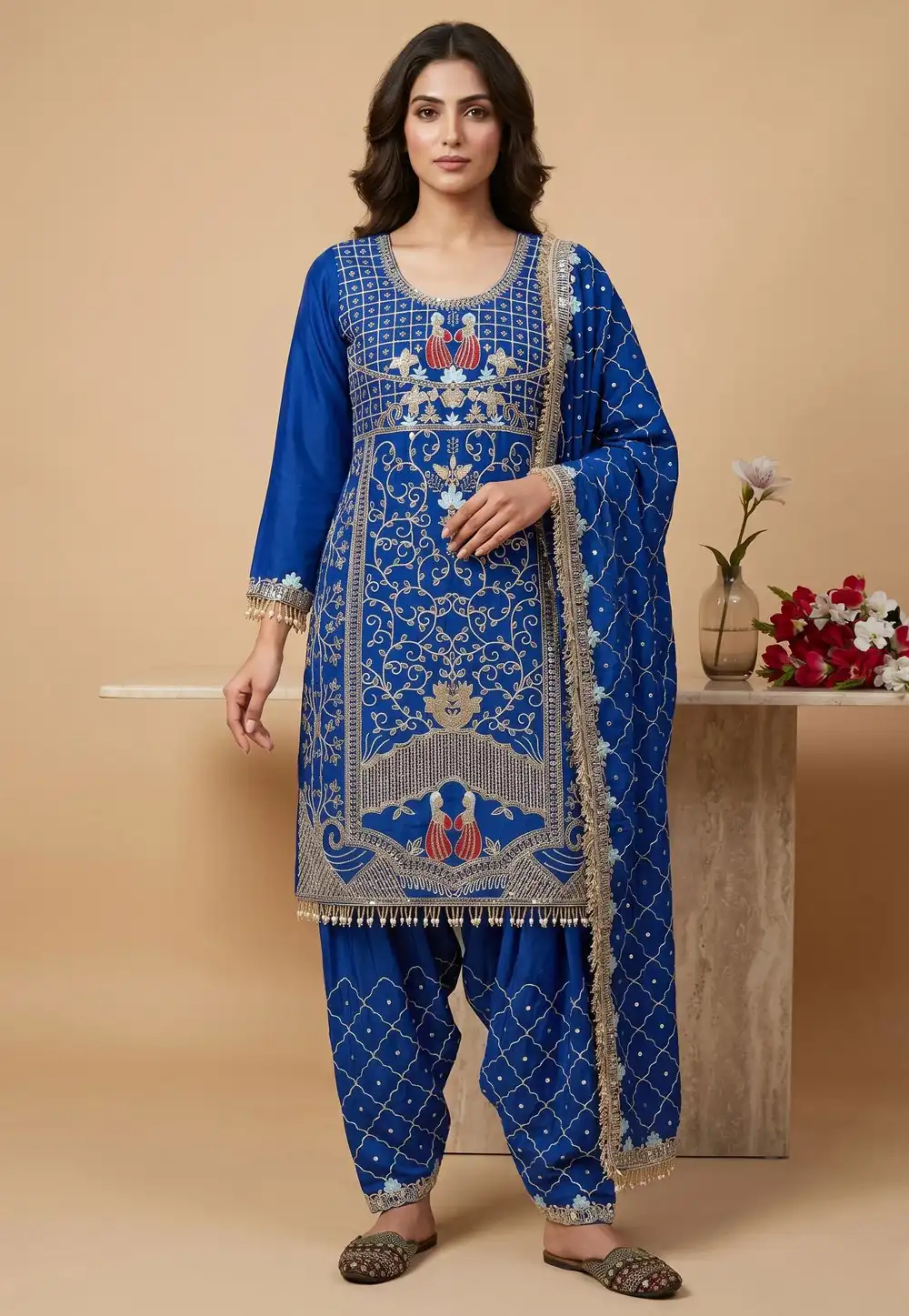 Blue Crepe Readymade Punjabi Suit 330696