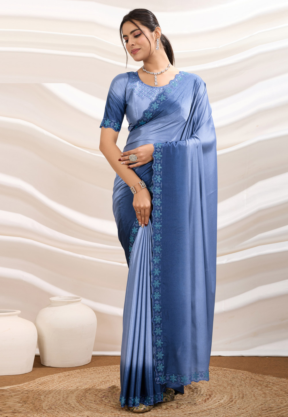 Blue Crepe Saree With Blouse 308168