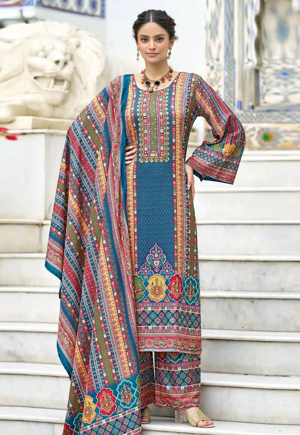 Blue Crepe Silk Readymade Palazzo Suit 327953