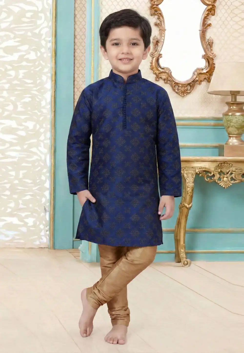 Blue Dupion Silk Kids Kurta Pajama 323168