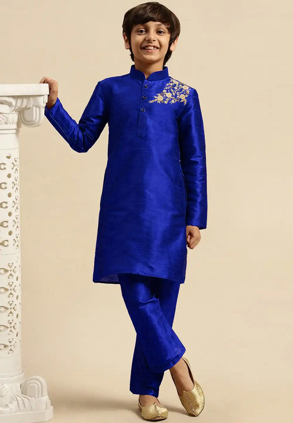 Blue Dupion Silk Kids Kurta Pajama 316890