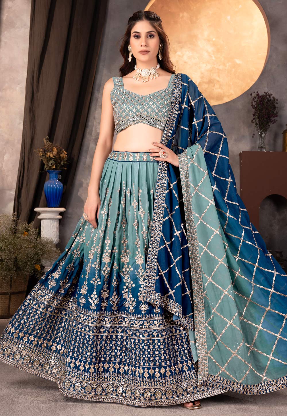 Blue Faux Georgette Circular Lehenga Choli 312576