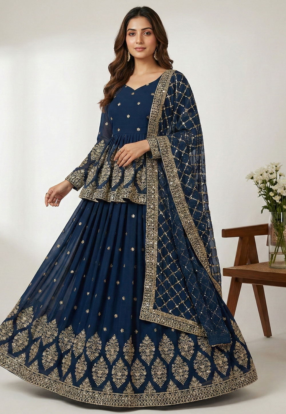 Blue Faux Georgette Indo Western Lehenga Choli 324155