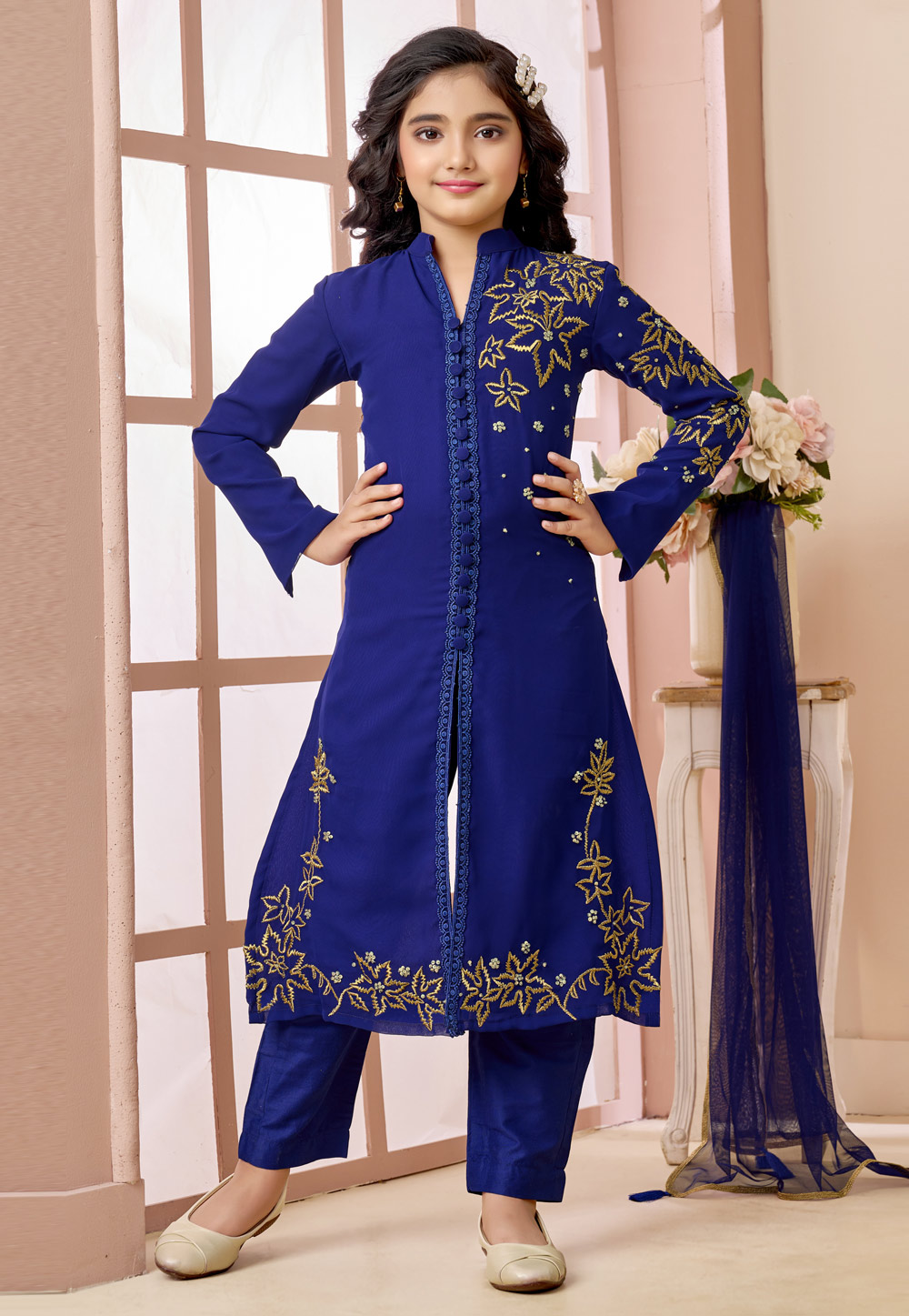 Blue Faux Georgette Kids Pant Style Suit 325183