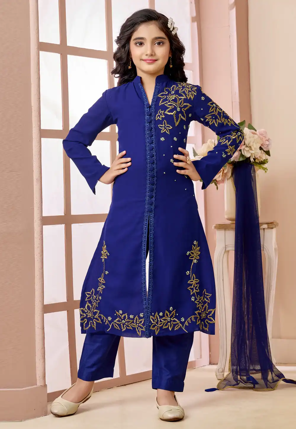 Blue Faux Georgette Kids Pant Style Suit 325183