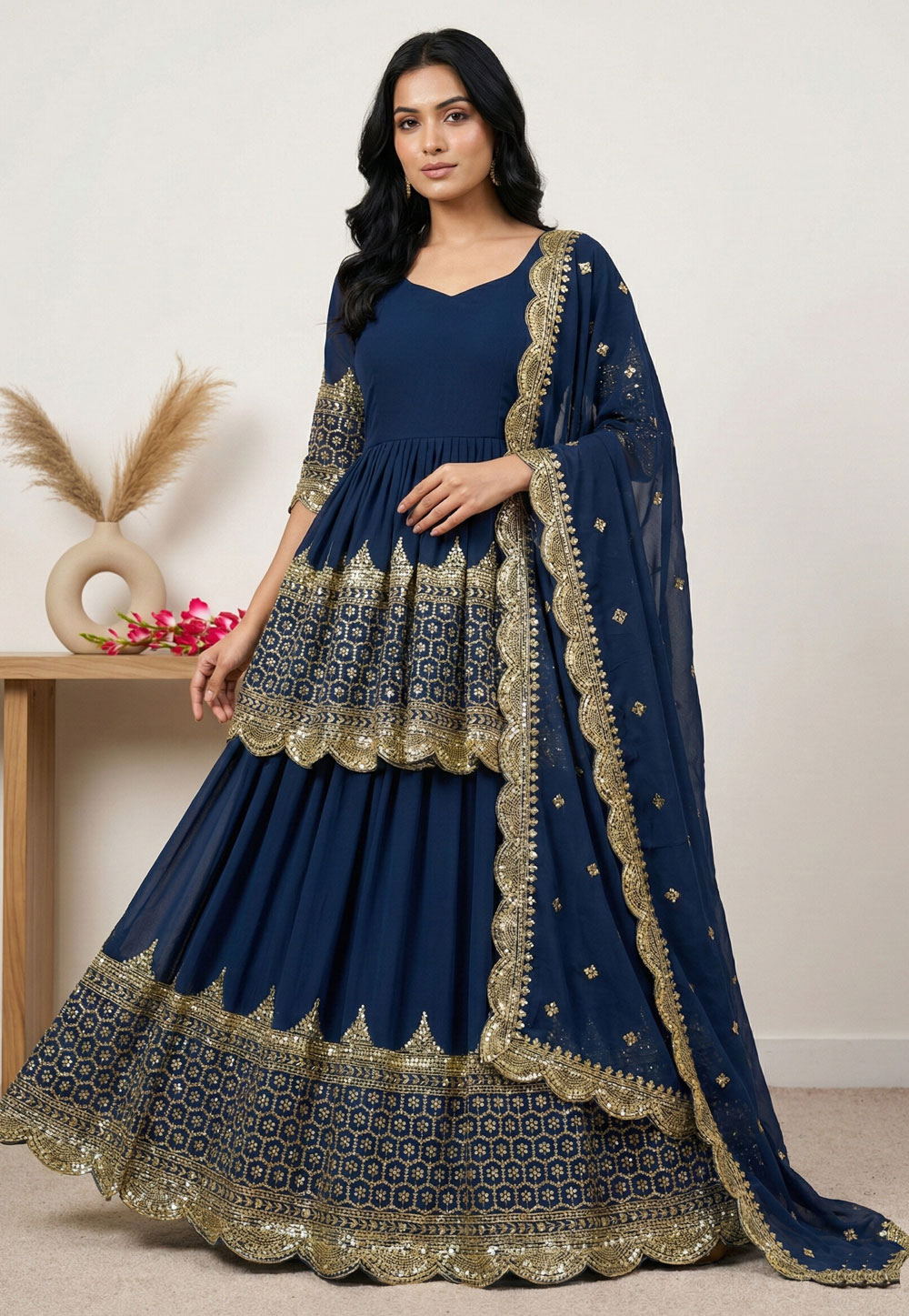 Blue Faux Georgette Long Choli Lehenga 324156