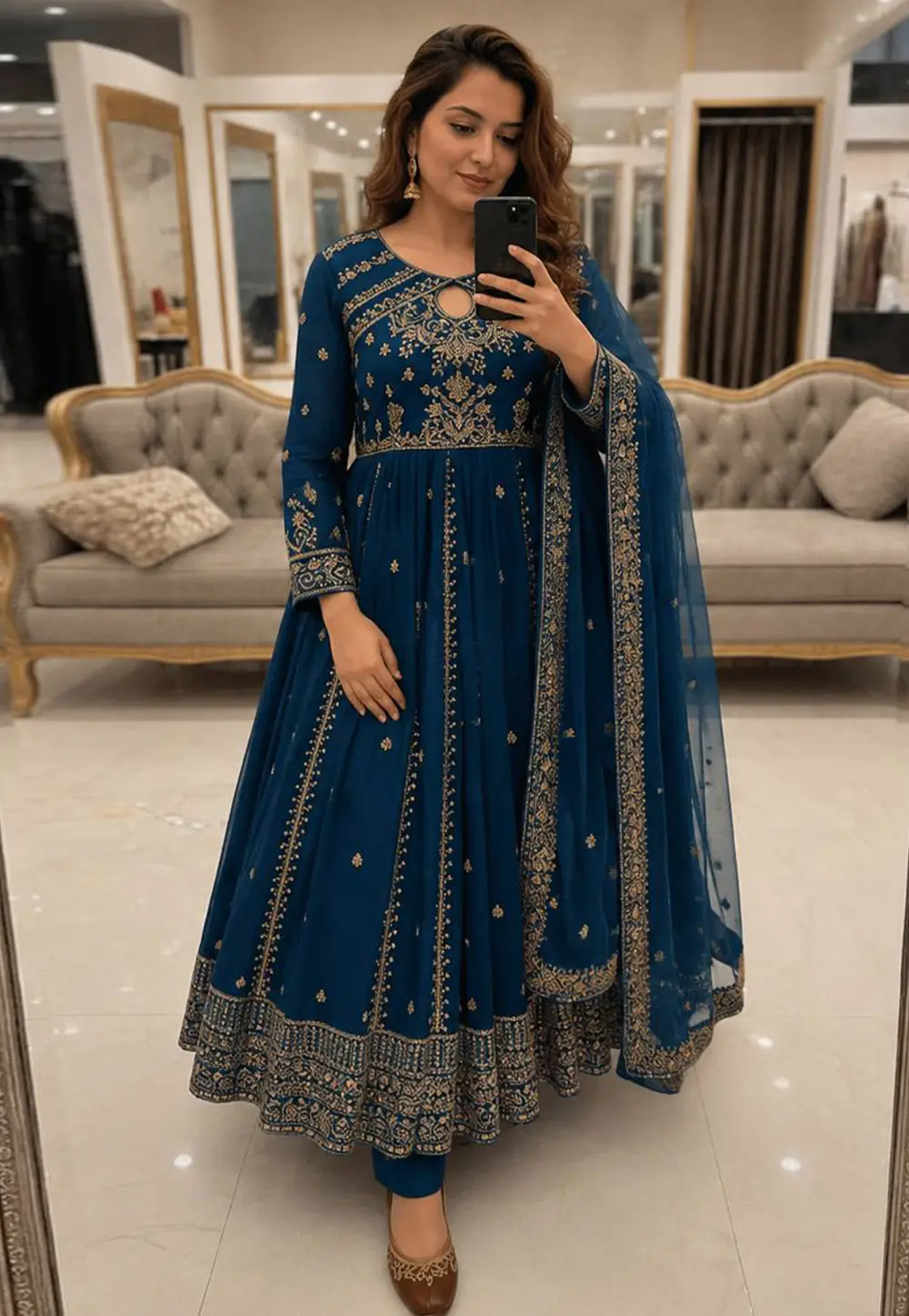 Blue Faux Georgette Pant Style Suit 331203