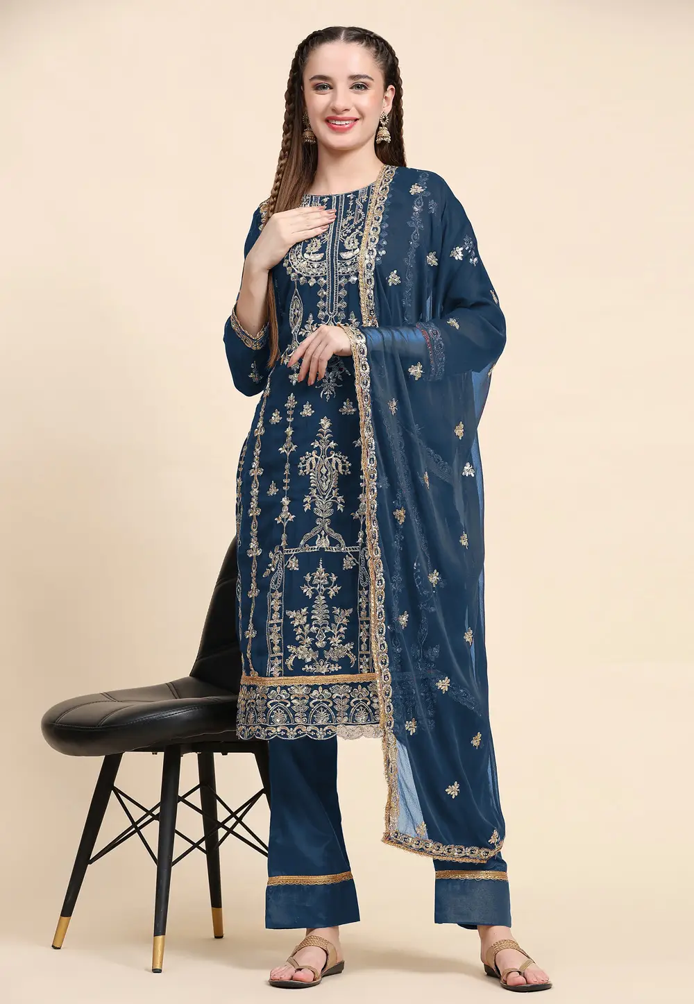 Blue Faux Georgette Pant Style Suit 334421