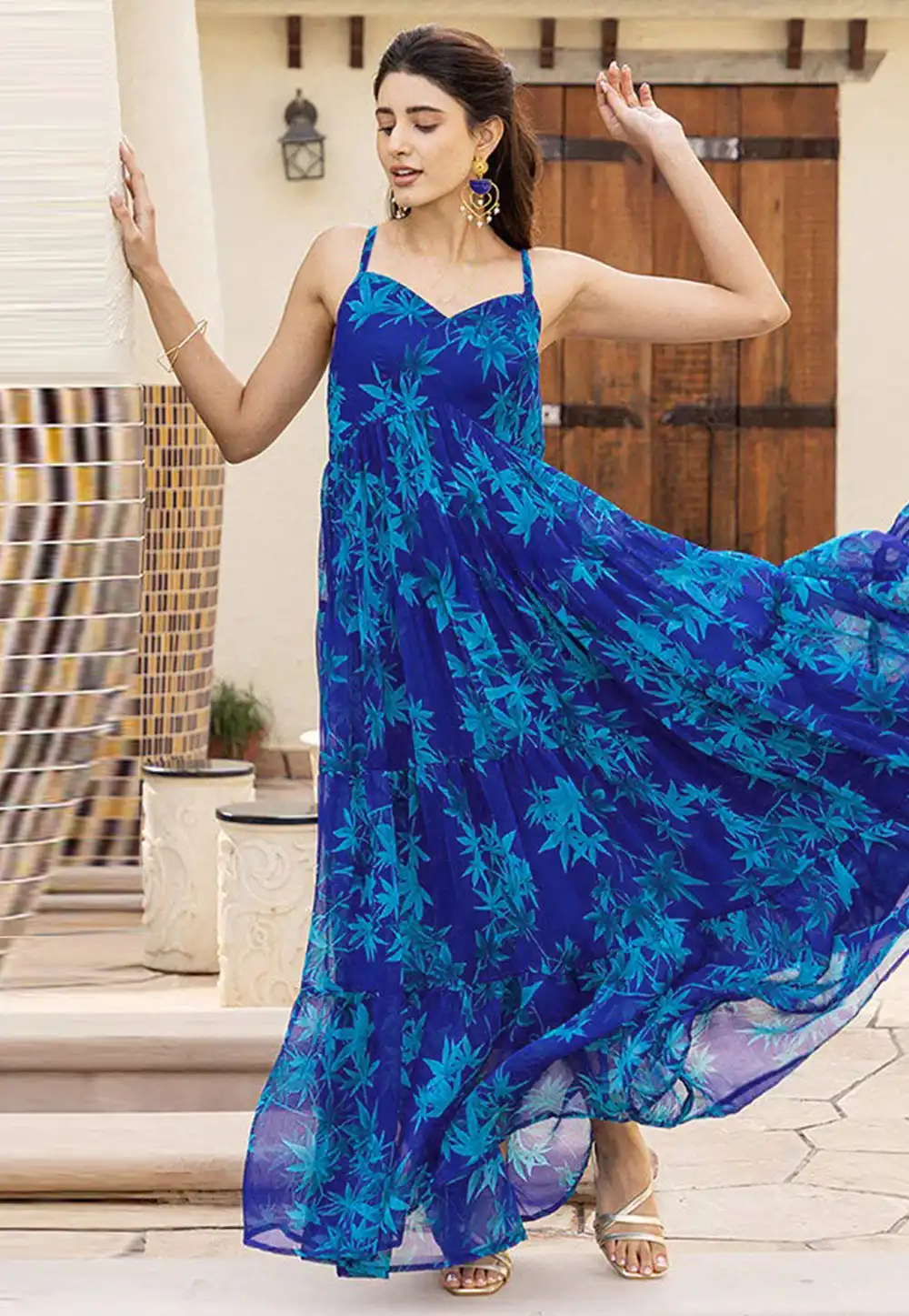 Blue Faux Georgette Printed Gown 313597