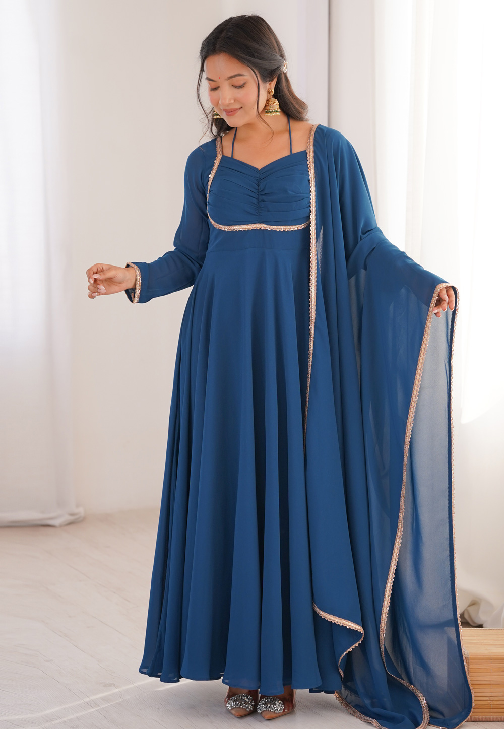 Blue Faux Georgette Readymade Anarkali Suit 323644