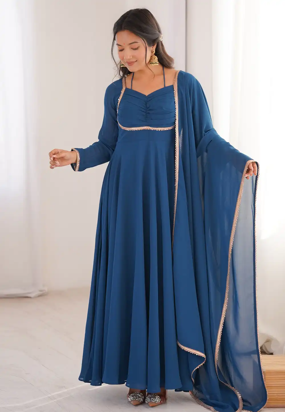 Blue Faux Georgette Readymade Anarkali Suit 323644