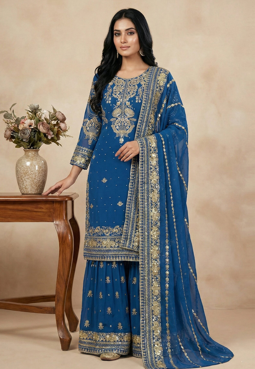 Blue Faux Georgette Readymade Gharara Suit 324783