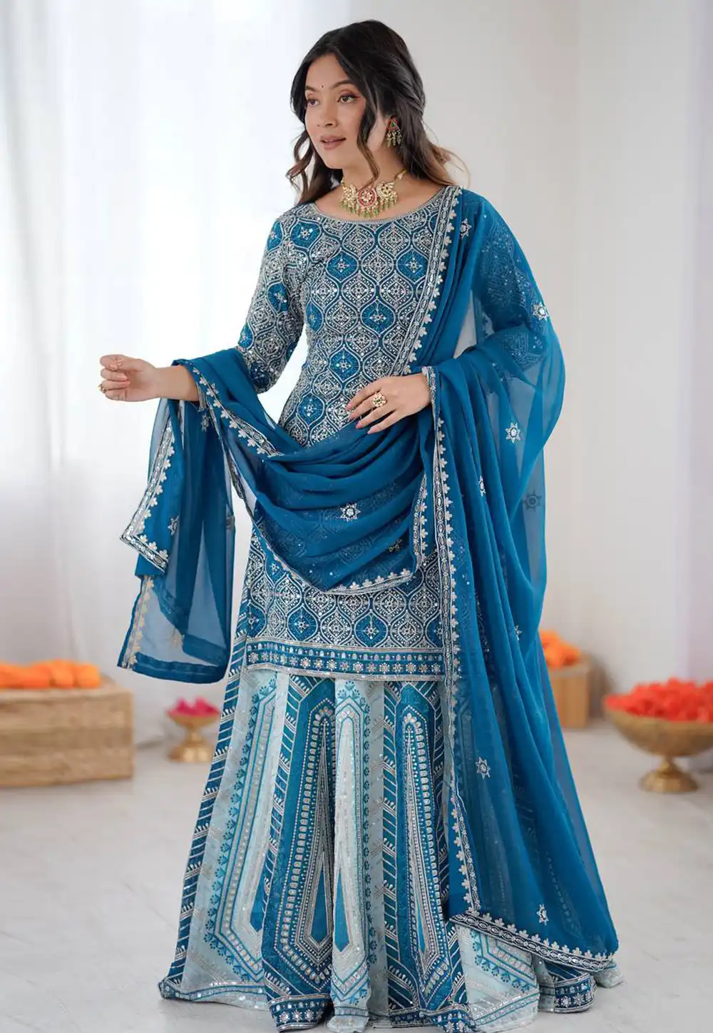Blue Faux Georgette Readymade Indo Western Lehenga Choli 325332