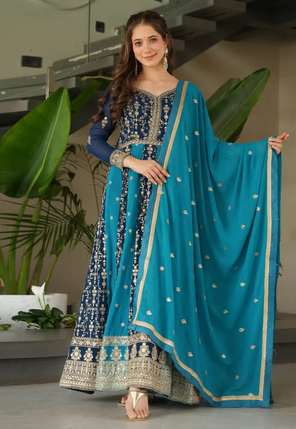 Blue Faux Georgette Readymade Long Anarkali Suit 314591
