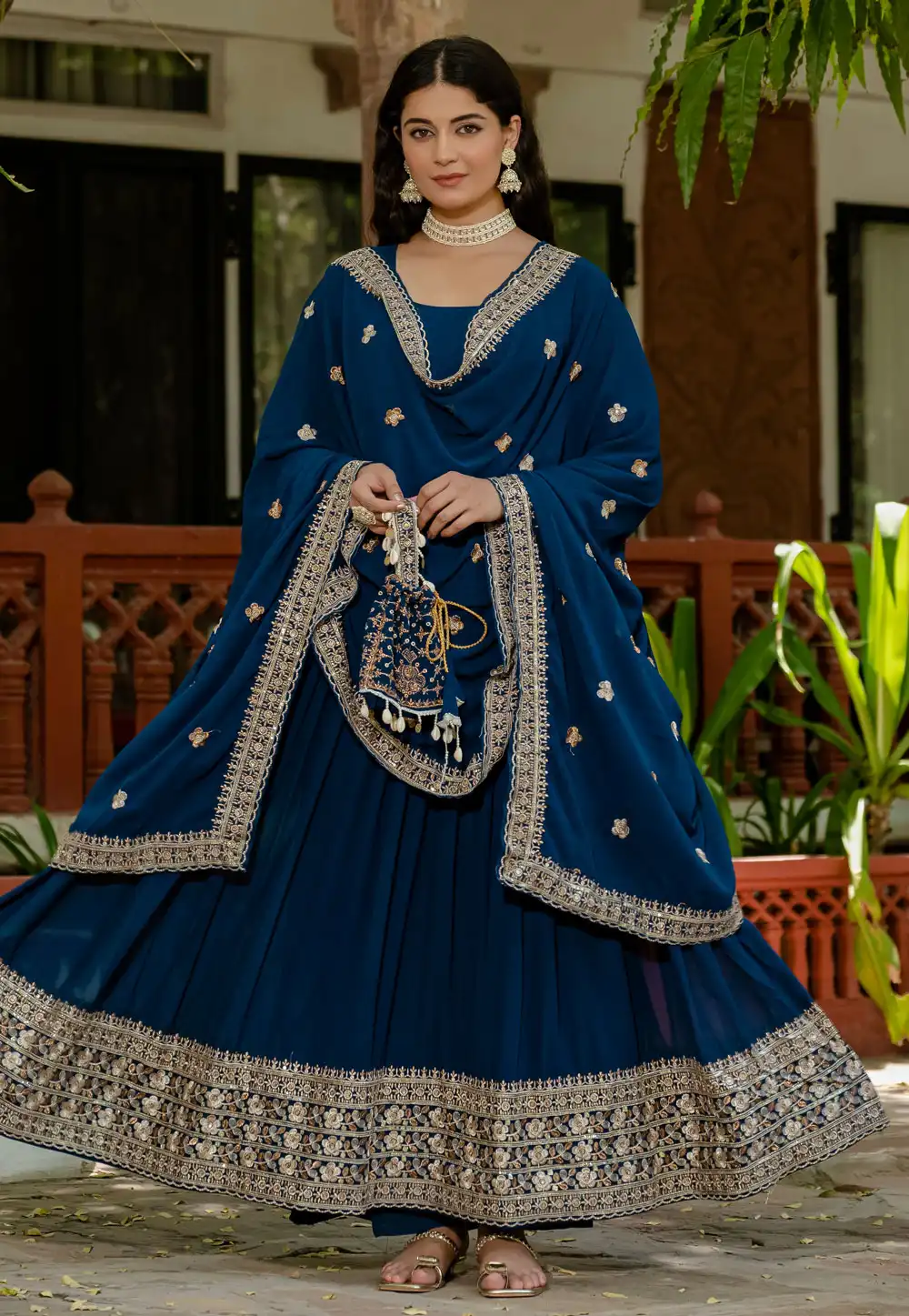 Blue Faux Georgette Readymade Long Anarkali Suit 313900