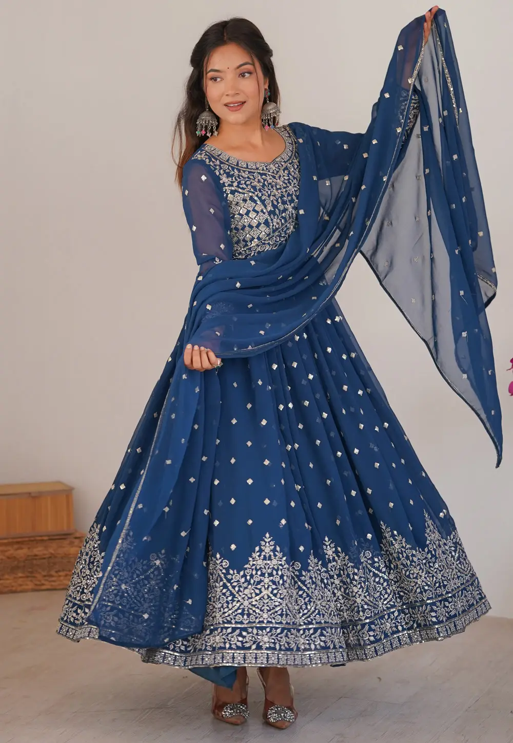 Blue Faux Georgette Readymade Long Anarkali Suit 333728
