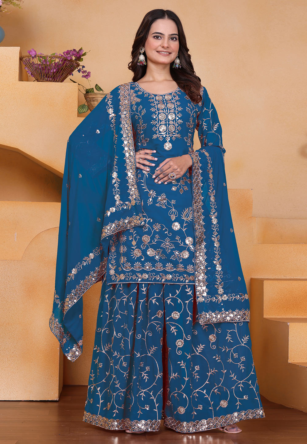 Blue Faux Georgette Readymade Palazzo Suit 324443