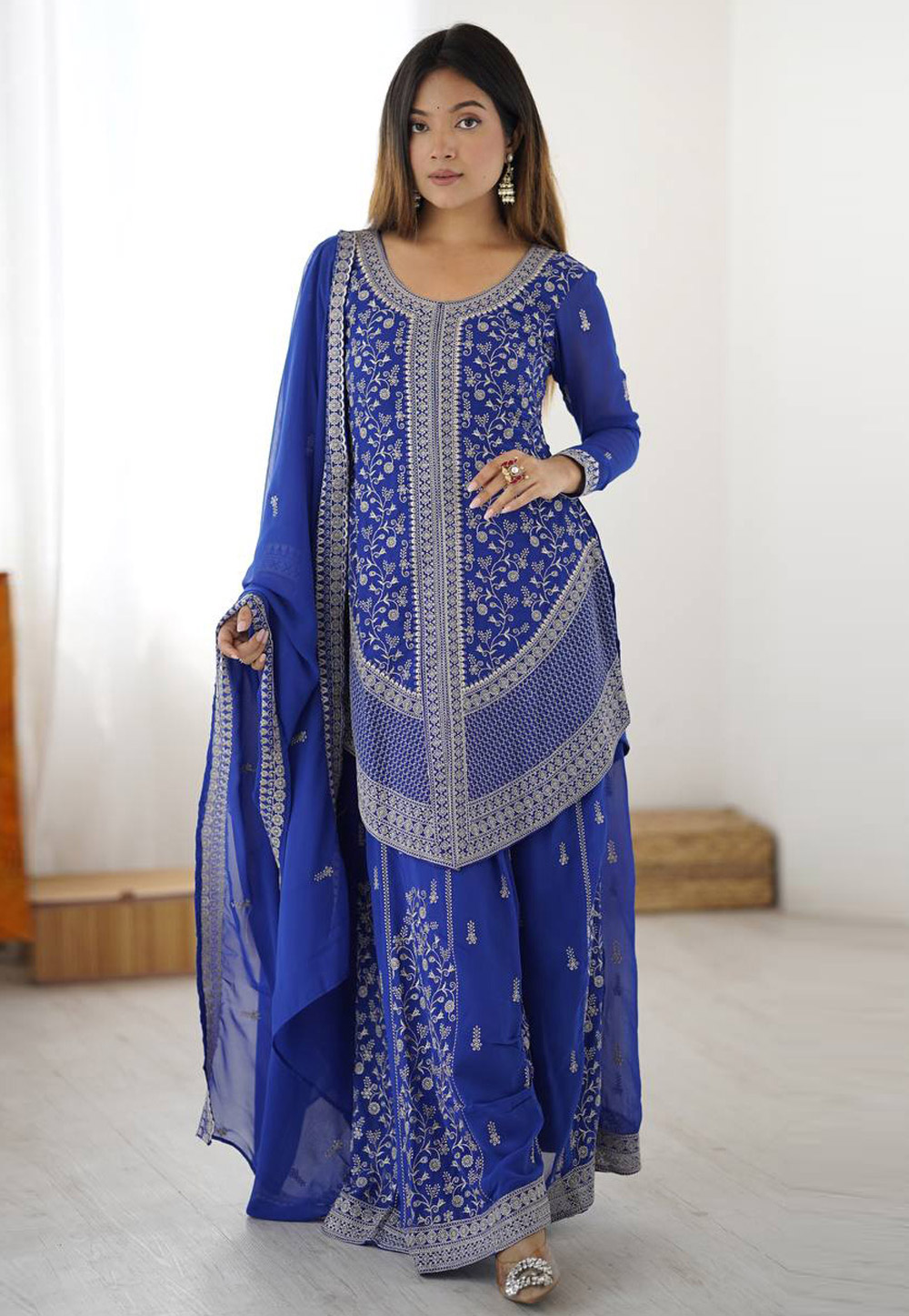 Blue Faux Georgette Readymade Palazzo Suit 329642